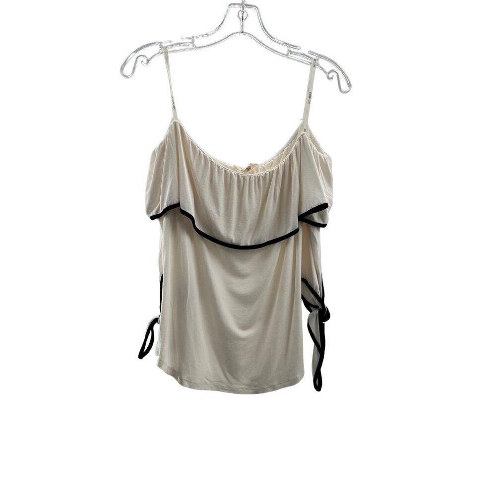 Sweet Wanderer Women's Off Shoulder Tie Sleeve Blouse Cream/Black Size Small